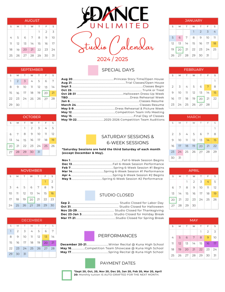 Dance Unlimited Boise Studio Calendar 2024-2025